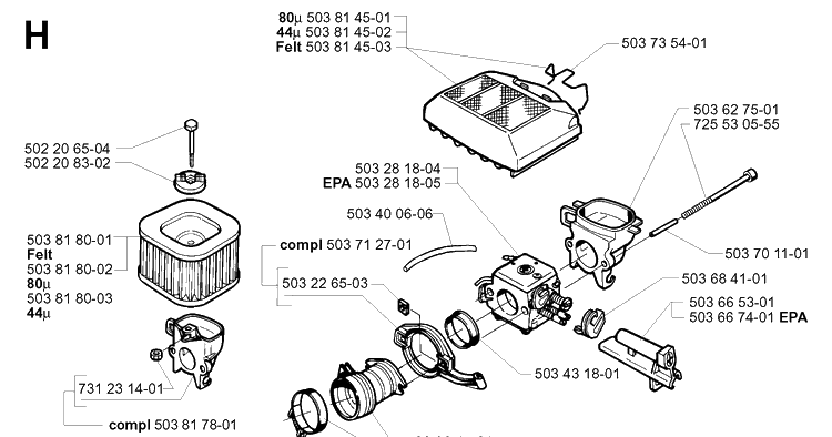 Carburetor And Air Filter Diagram and Parts List for 372XP/ (XPG)(20014000001-20034000000) Husqvarna Chainsaw
