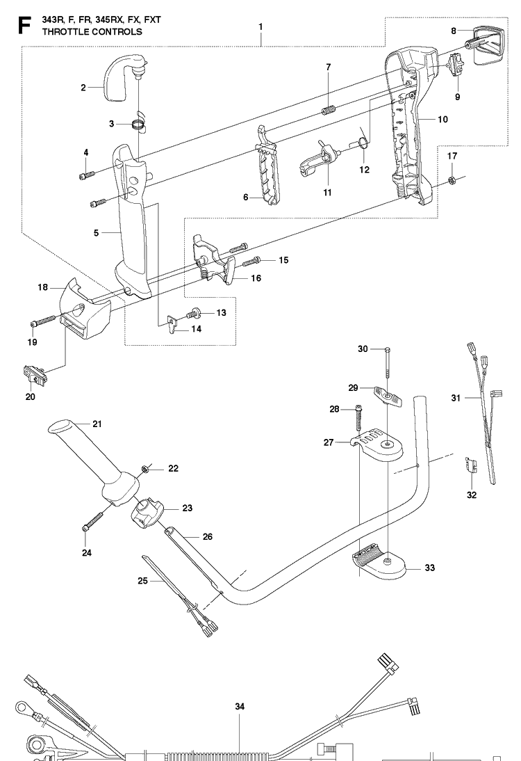 Throttle Controls Diagram and Parts List for 345FX 20103600001-20110600000 Husqvarna Brush Cutter
