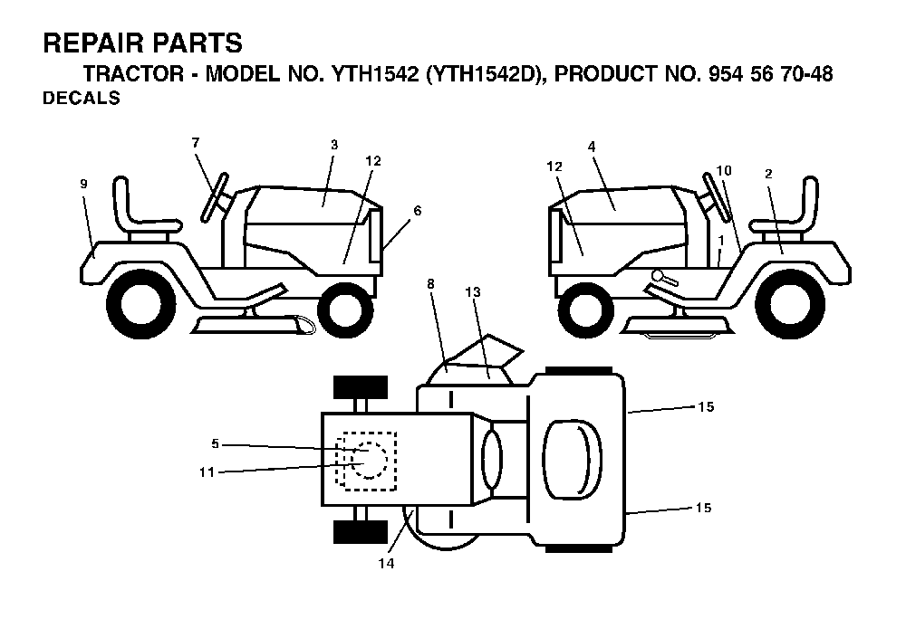 Decals Diagram and Parts List for YTH1542D (954567048)(2001-11) Husqvarna Lawn Tractor