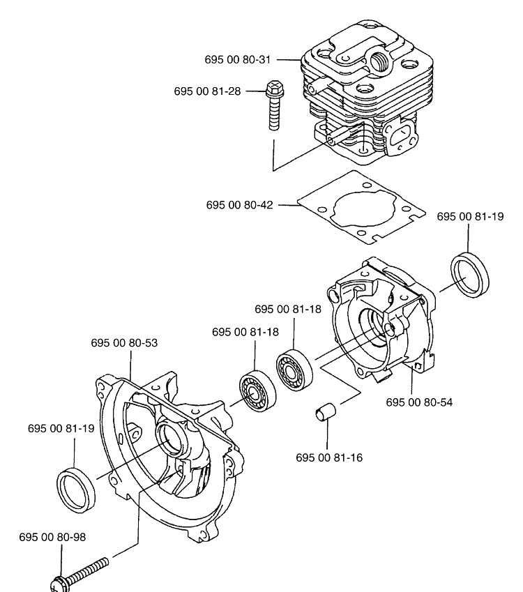 Cylinder And Crankcase Diagram and Parts List for 125BT 2003-07 Husqvarna Leaf Blower / Vacuum