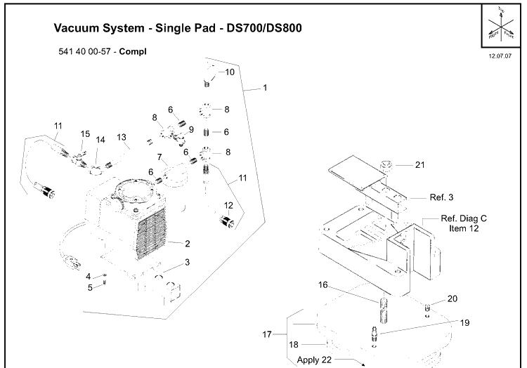 Vacuum System - Single Pad Diagram and Parts List for DS700 (504625401)(2007-12) Husqvarna Lawn Tractor Accessories