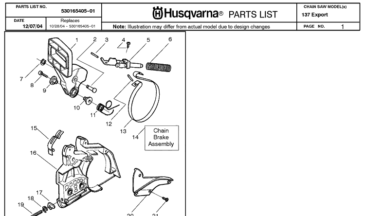 Chain Brake Diagram and Parts List for 137 20050100001-20064900000 Husqvarna Chainsaw
