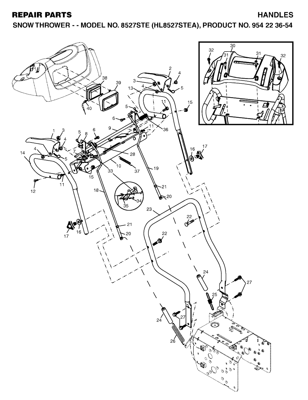Handle And Controls Diagram and Parts List for 8527STE (954223654-A)(2004-03) Husqvarna Snow Blower