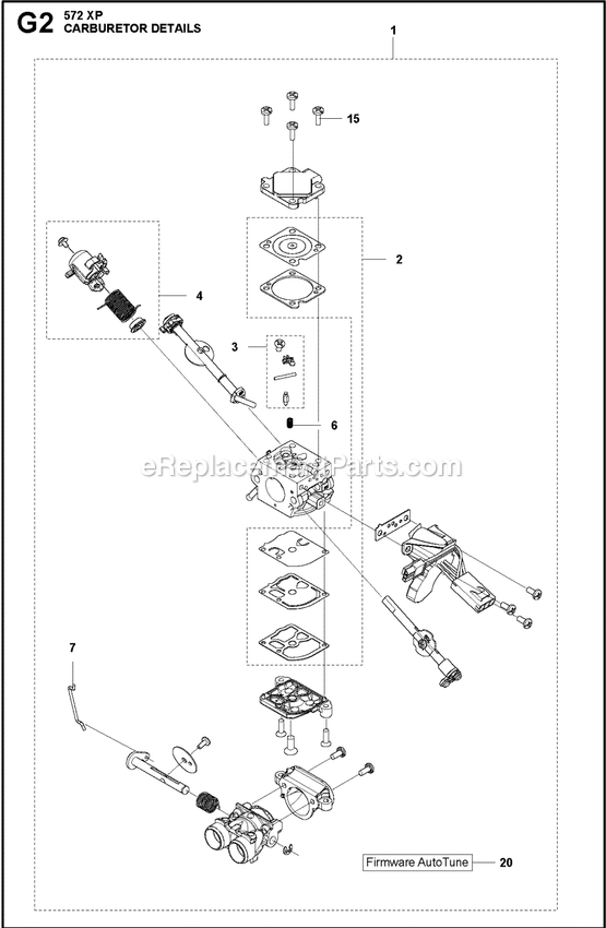 Carburetor Details Diagram and Parts List for 572XPG  Husqvarna Chainsaw