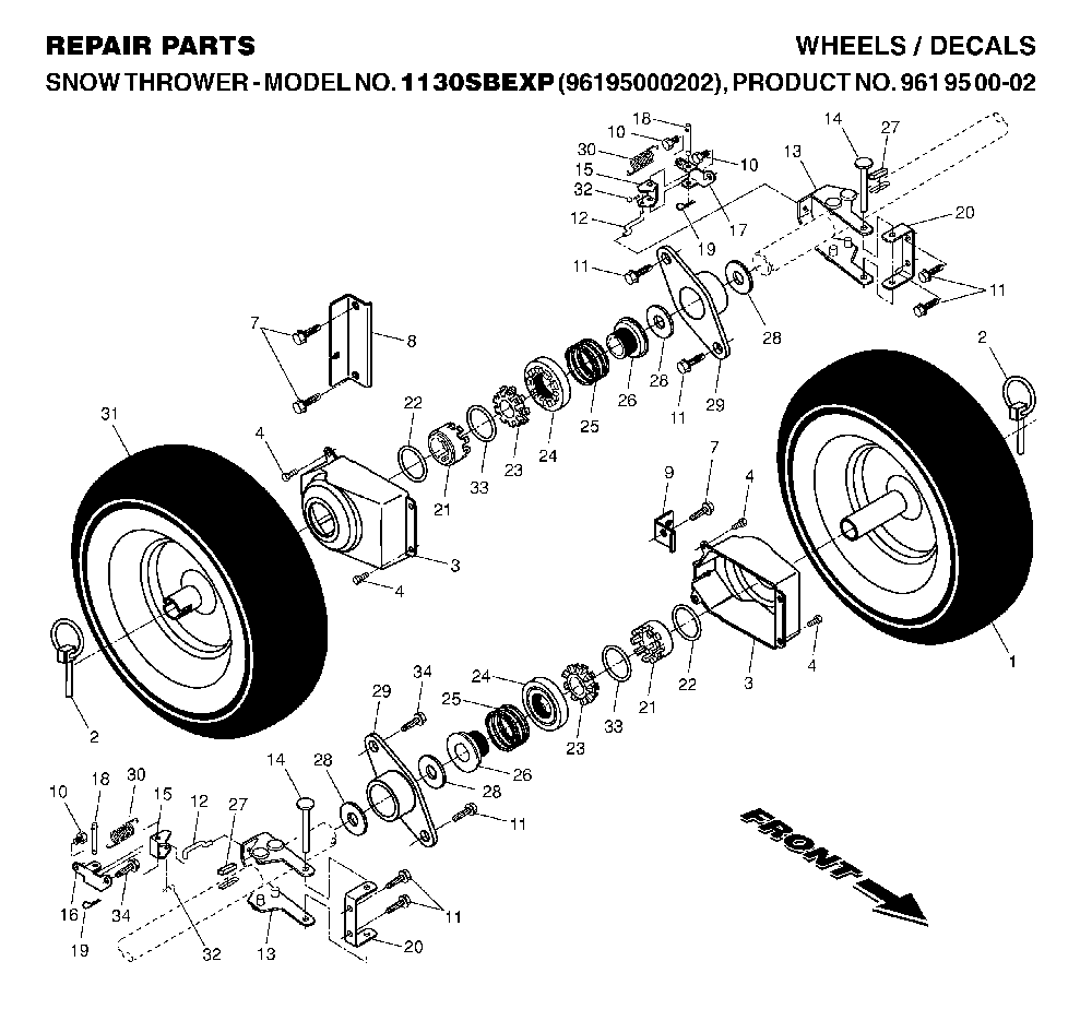 Wheels And Tires Diagram and Parts List for 1130SBEXP (96195000202, 961950002)(2006-10) Husqvarna Snow Blower