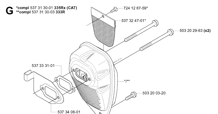 Muffler Diagram and Parts List for 335R  Husqvarna Brush Cutter