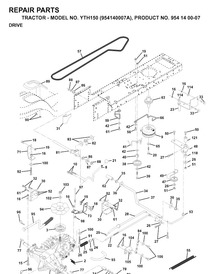 Drive Diagram and Parts List for YTH150 (954140007A)(1997-01) Husqvarna Lawn Tractor