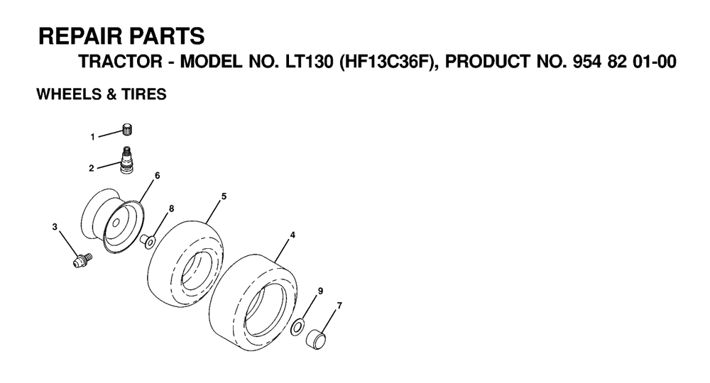 Wheels And Tires Diagram and Parts List for LT130 (954820100-F)(2000-03) Husqvarna Lawn Tractor