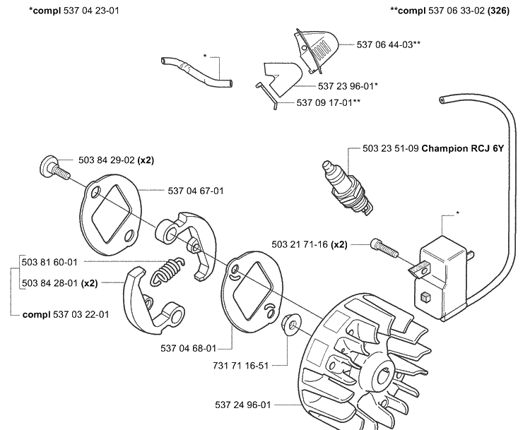 Ignition / Flywheel Diagram and Parts List for 323L 2004-03 Husqvarna Brush Cutter