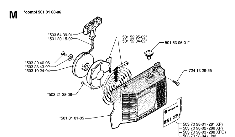 Starter Diagram and Parts List for 288 19974900001-20000600000 Husqvarna Chainsaw