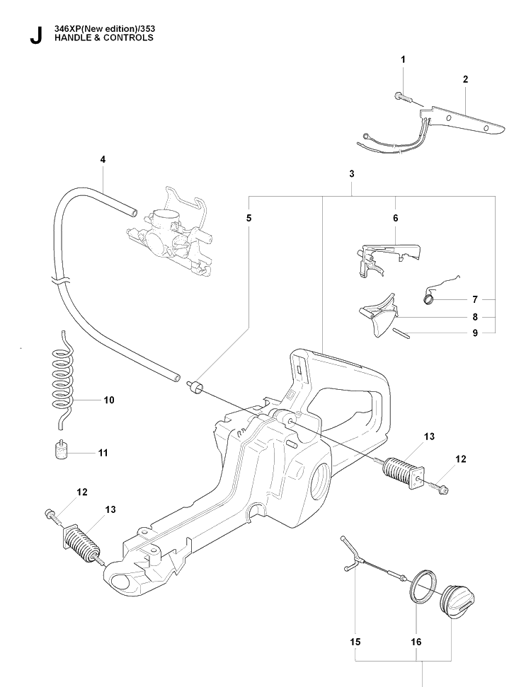 Handle And Controls Diagram and Parts List for 353 20090400001-Current Husqvarna Chainsaw