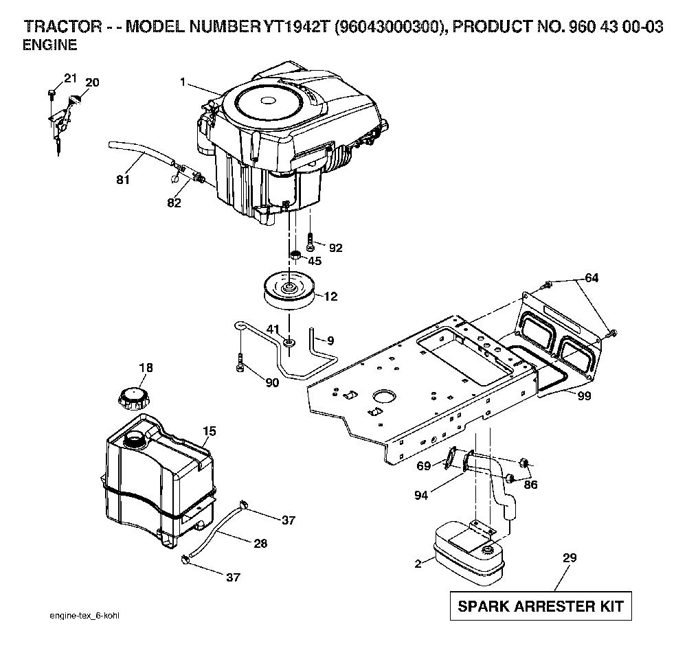 Engine Diagram and Parts List for YT1942T (96043000300, 960430003)(2006-05) Husqvarna Lawn Tractor