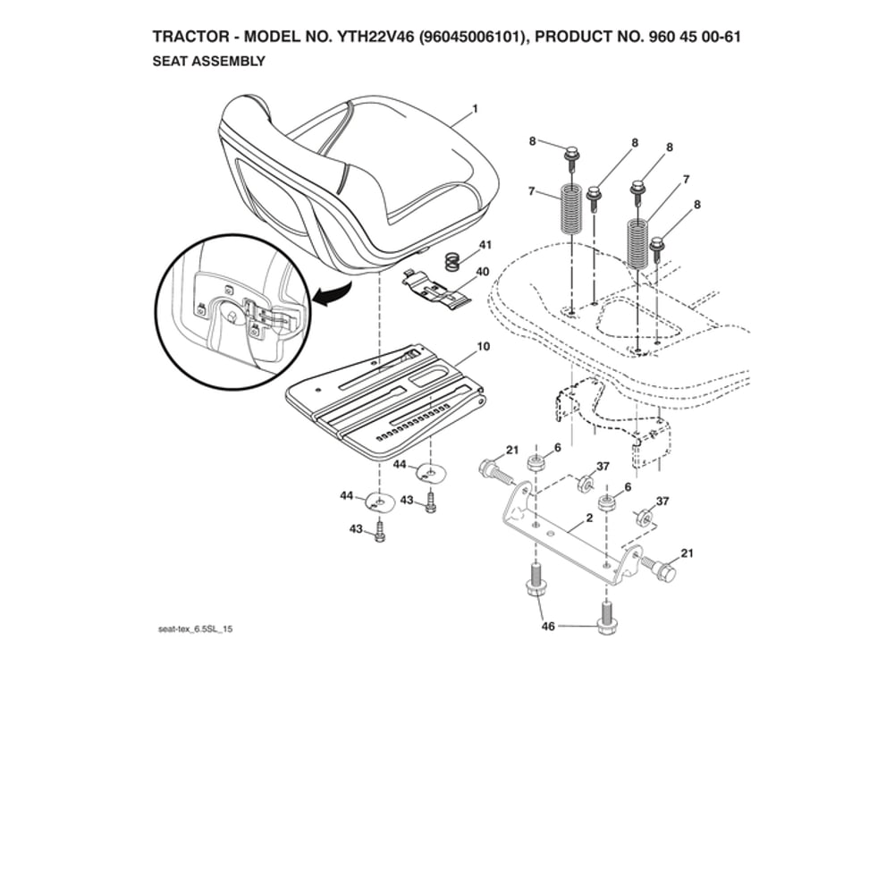 Seat Assembly Diagram and Parts List for 96045006101  Husqvarna Lawn Tractor