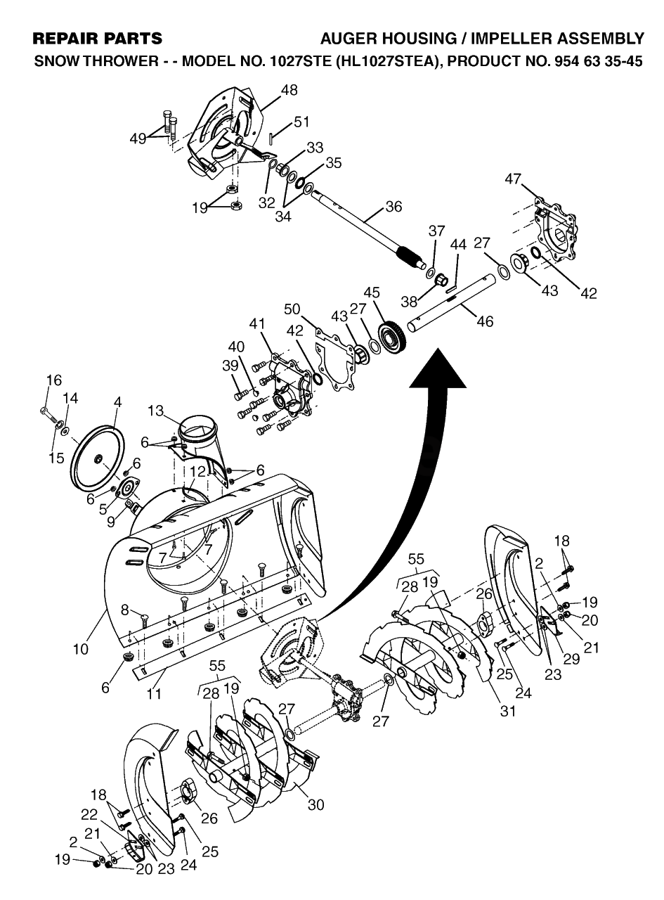 Auger Housing And Impeller Diagram and Parts List for 1027STE (954633545-A)(2004-03) Husqvarna Snow Blower