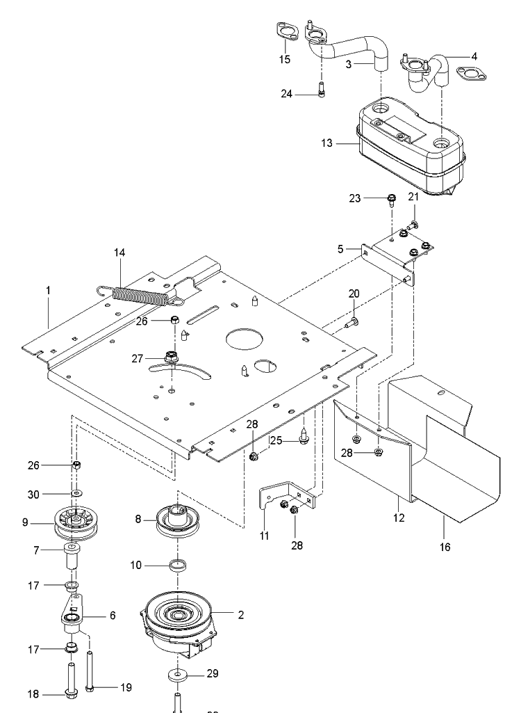 Engine Mounting, Guards And Muffler Diagram and Parts List for RZ4222F (96703650103)(2017-05) Husqvarna Lawn Mower