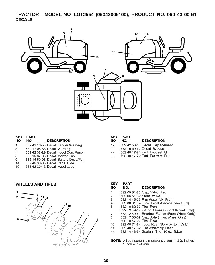 Decals Diagram and Parts List for LGT2554 2008-12 Husqvarna Lawn Tractor