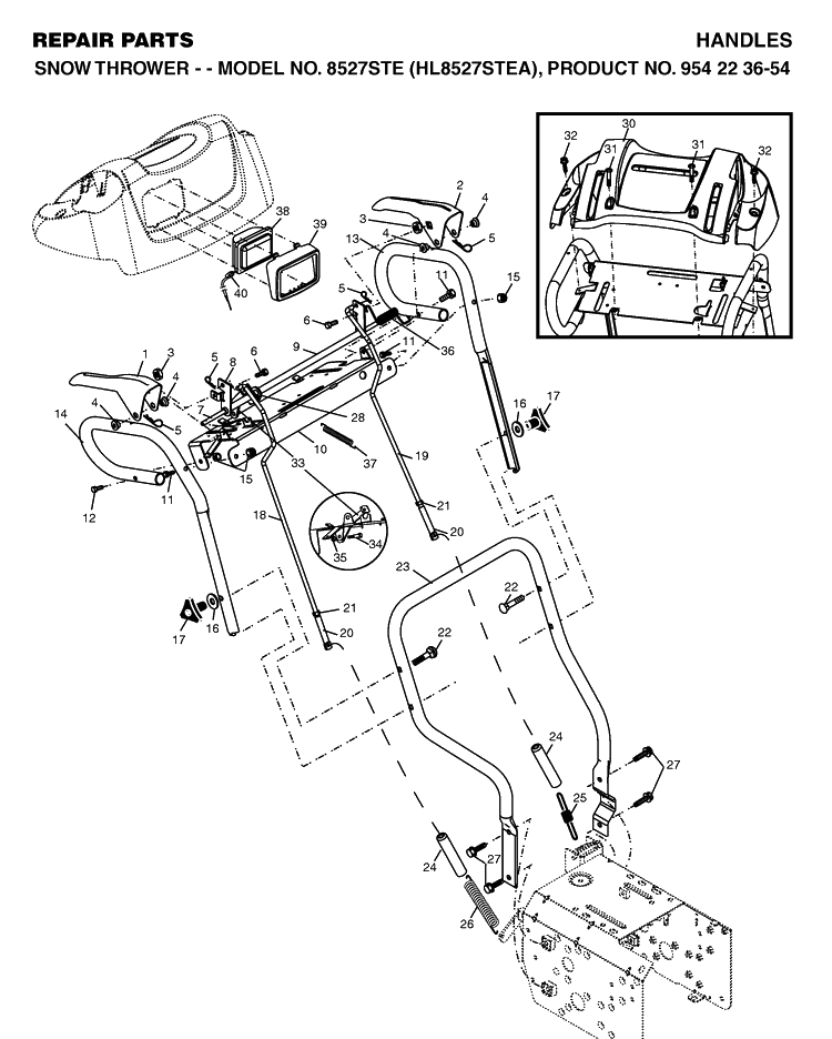 Handle And Controls Diagram and Parts List for 8527STE (HL8527STEA)(2004-03) Husqvarna Snow Blower
