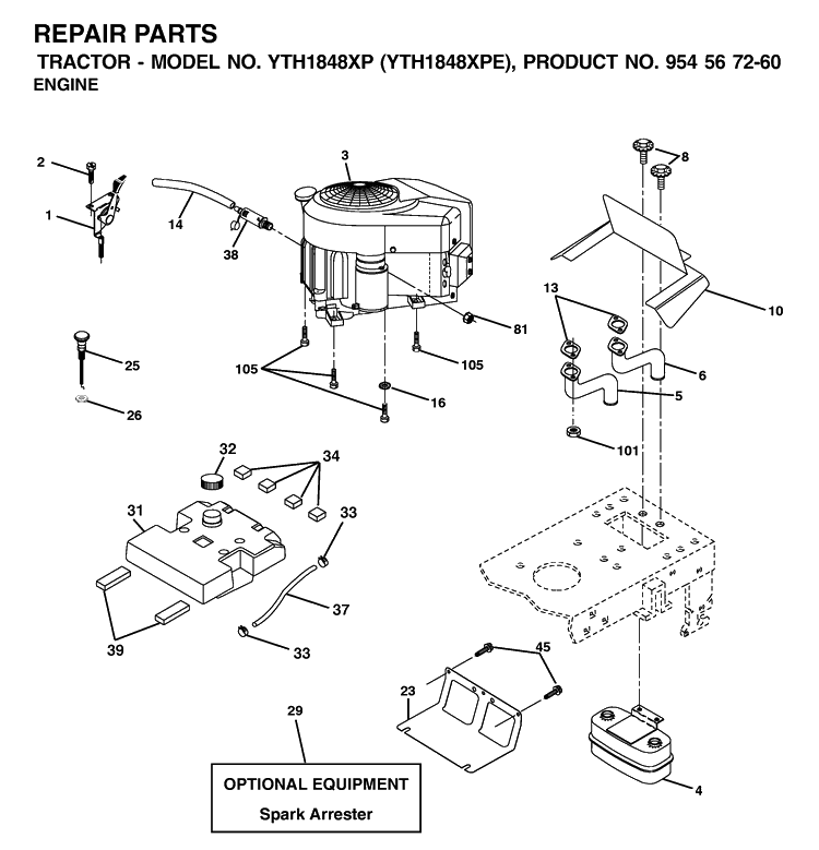 Engine Diagram and Parts List for YTH1848XP (954567260)(2002-02) Husqvarna Lawn Tractor