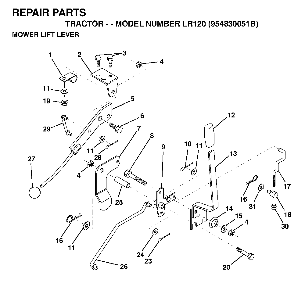Mower Lift Lever Diagram and Parts List for LR120 (954830051B)(1996-05) Husqvarna Lawn Tractor