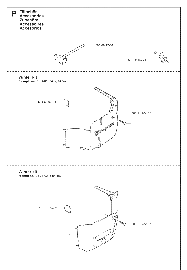 Accessories Diagram and Parts List for 345 20070100001-Current Husqvarna Chainsaw