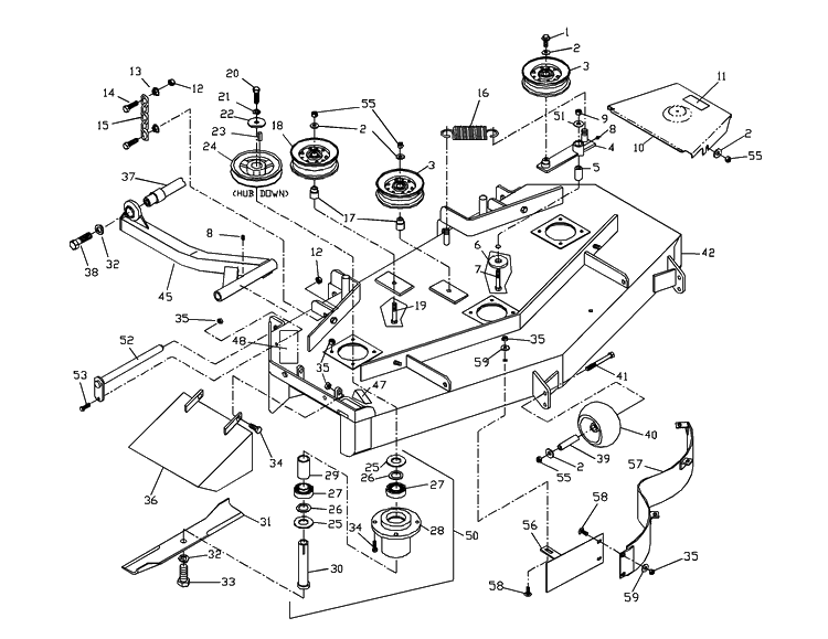 48 Inch Deck Assembly Diagram and Parts List for ZTHKW4818 2001-09 Husqvarna Lawn Mower