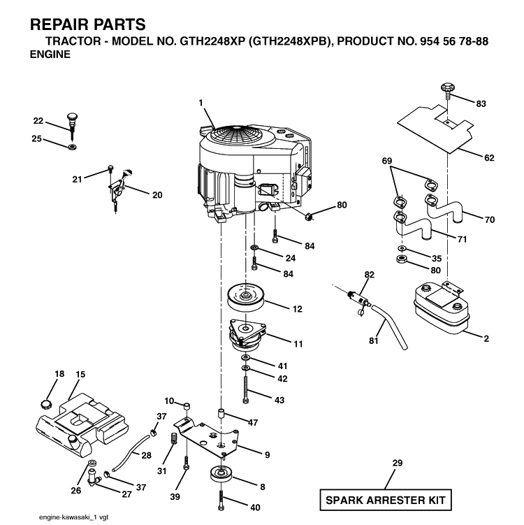 Engine Diagram and Parts List for GTH2248XP-GTH2248XPB 2003-05 Husqvarna Lawn Tractor