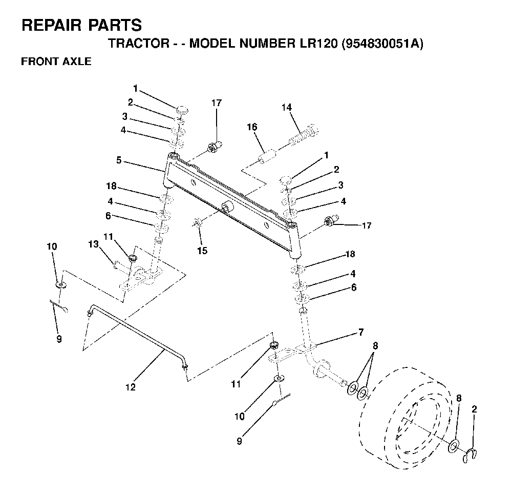 Front Axle Diagram and Parts List for LR120 (954830051A)(1995-08) Husqvarna Lawn Tractor