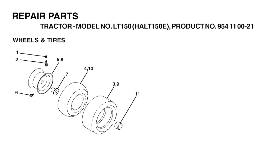 Wheels And Tires Diagram and Parts List for LT150 (954110021-E)(2003-01) Husqvarna Lawn Tractor