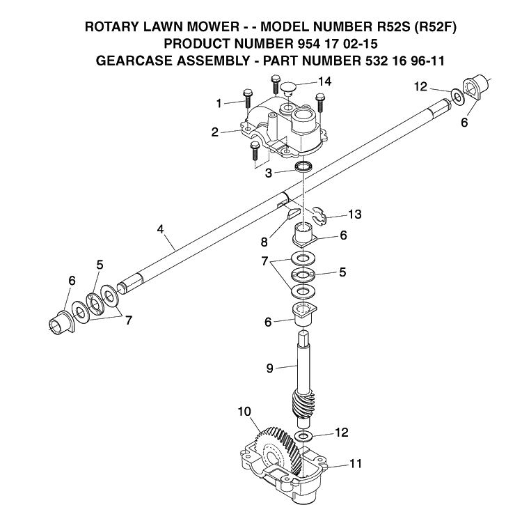 Gear Case Diagram and Parts List for R52S-R52F 2004-10 Husqvarna Lawn Mower