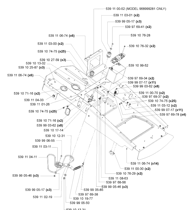 Main Frame (Part 2) Diagram and Parts List for Z4217 2004-11 Husqvarna Lawn Mower