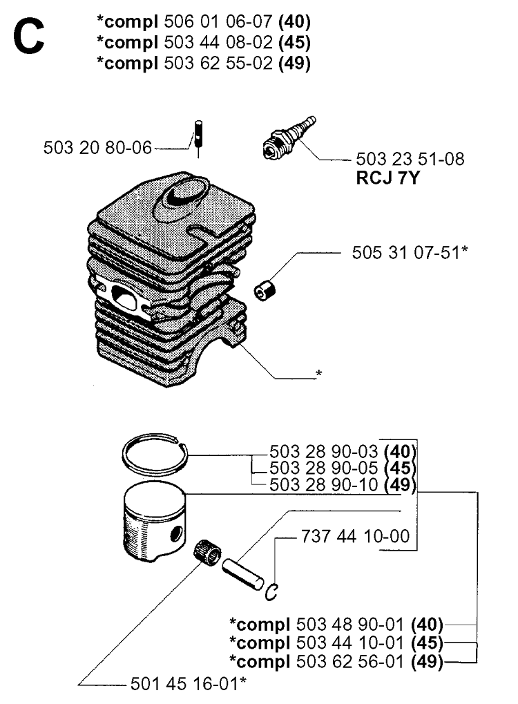 Cylinder Piston Diagram and Parts List for 40 20013500001-Current Husqvarna Chainsaw