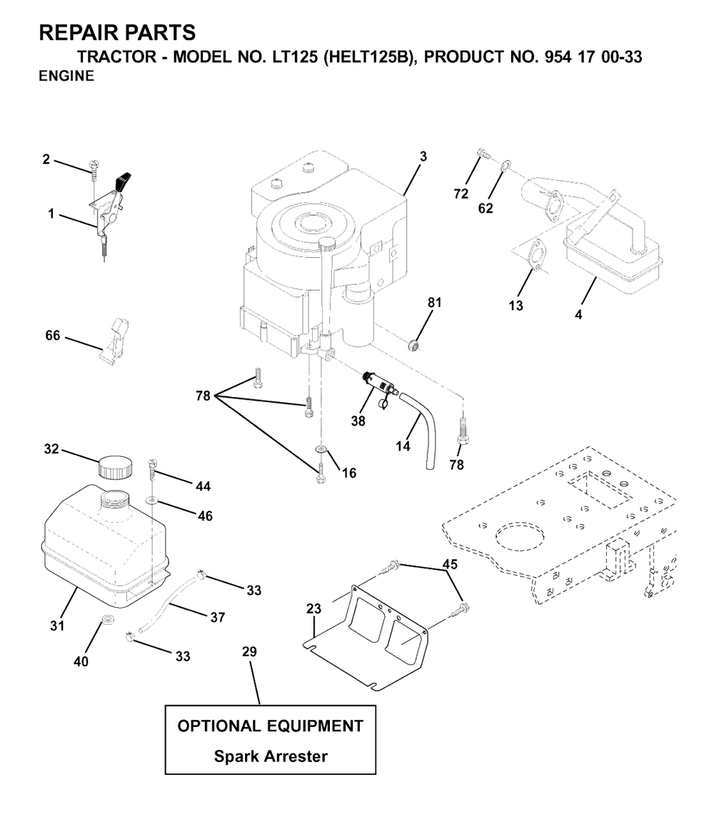 Engine And Cutting Equipment Diagram and Parts List for LT125 (954170033-B)(2001-03) Husqvarna Lawn Tractor