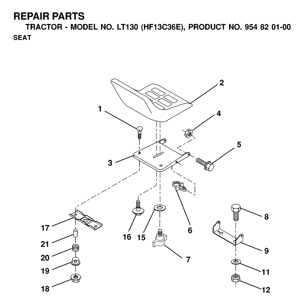 Seat Diagram and Parts List for LT130 (954820100-E)(2000-02) Husqvarna Lawn Tractor