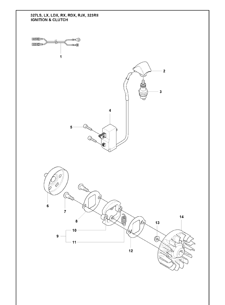 Ignition And Clutch Diagram and Parts List for 323RII 2009-08 Husqvarna Trimmer