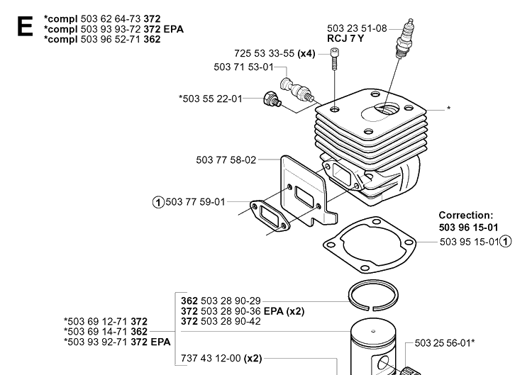Cylinder Piston Diagram and Parts List for 372XP/ (XPG)(20034000001-20051800000) Husqvarna Chainsaw