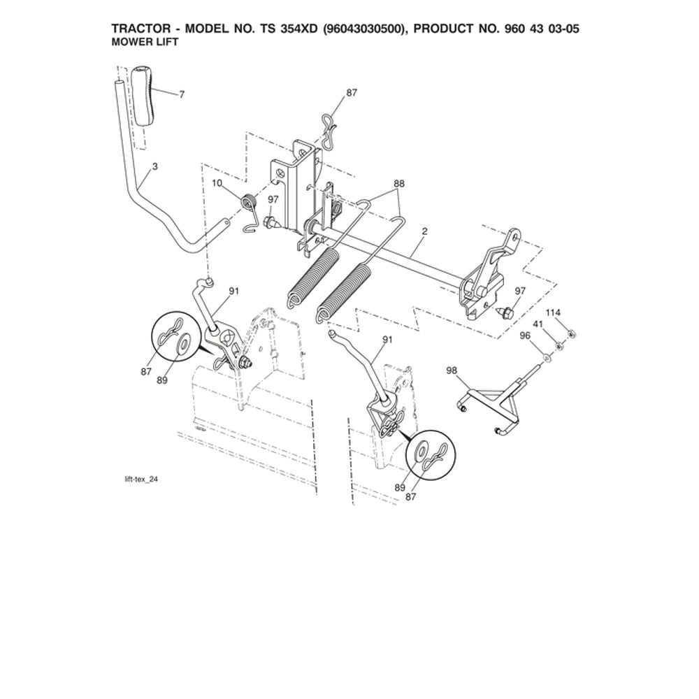 Mower Lift Diagram and Parts List for 96043030500  Husqvarna Lawn Tractor