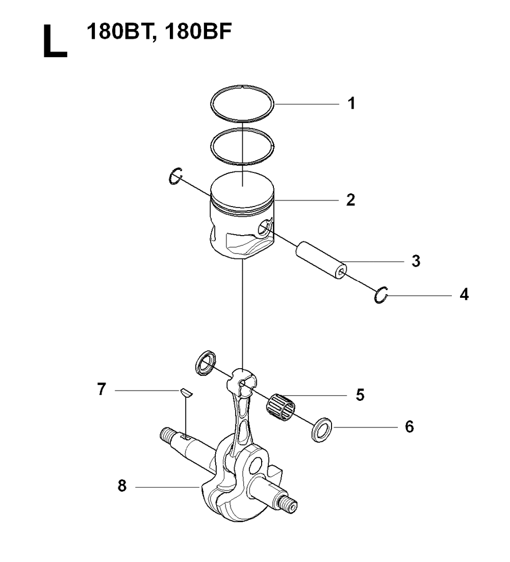 Piston And Crankshaft Diagram and Parts List for 180BT 20084000001 & Above Husqvarna Leaf Blower / Vacuum