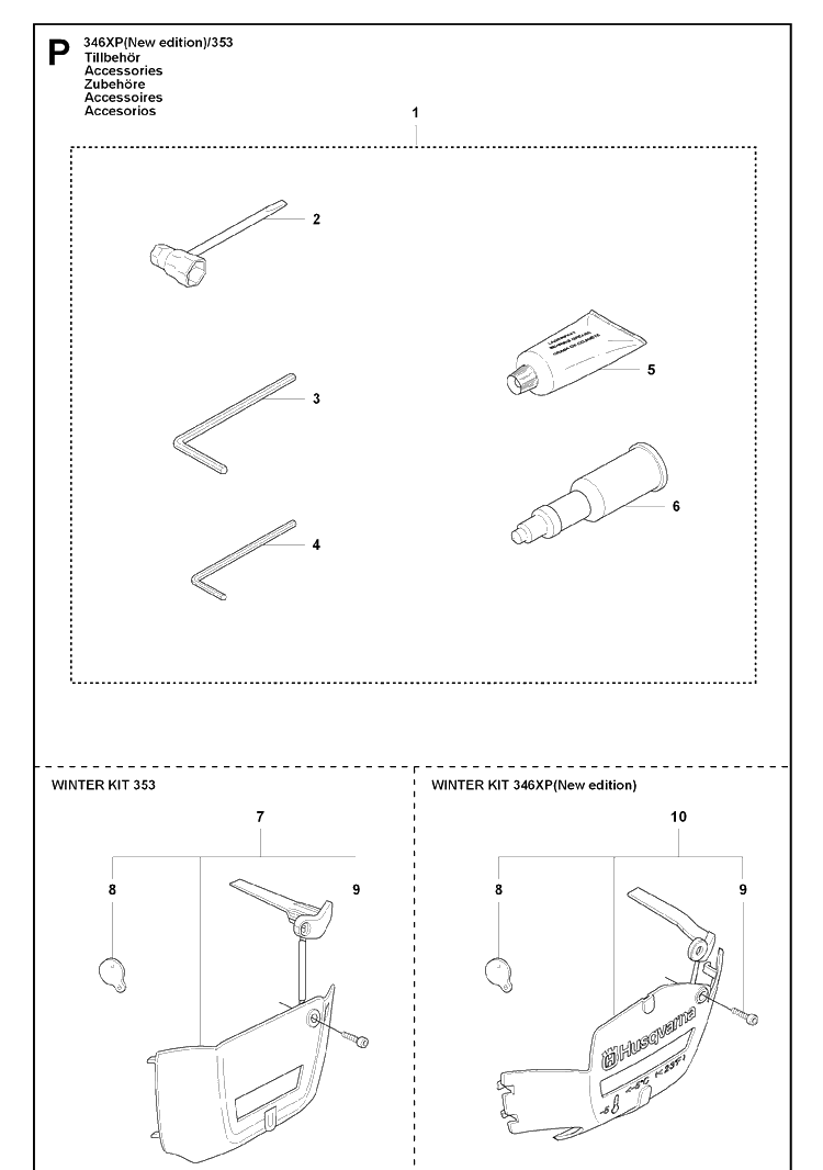 Accessories Diagram and Parts List for 353 20071300001-20090400000 Husqvarna Chainsaw