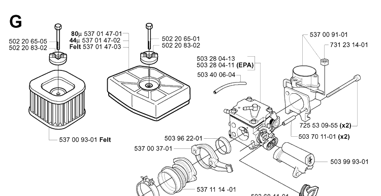 Carburetor And Air Filter 2 Diagram and Parts List for 385XP 20034000001-20051000000 Husqvarna Chainsaw