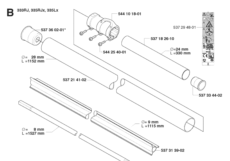 Shaft Diagram and Parts List for 335RX 20064000001-20070100000 Husqvarna Brush Cutter