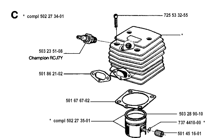 Cylinder Piston Diagram and Parts List for 250PS 19940600001-19960500000 Husqvarna Pole Saw