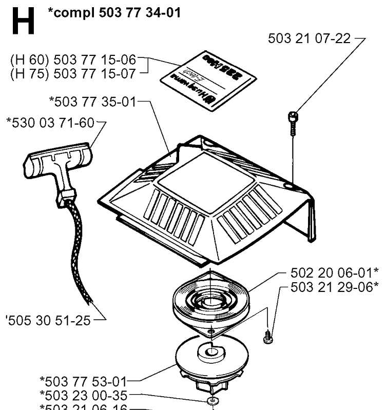 Starter Diagram and Parts List for 225H75 19980900001-20022200000 Husqvarna Hedge Trimmer