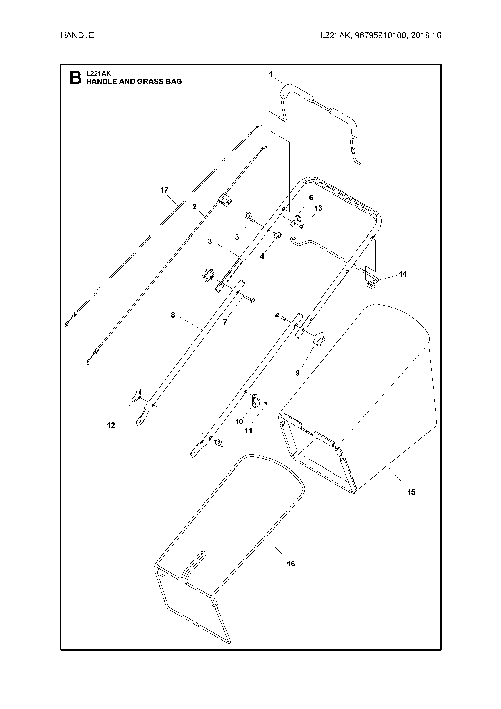 Handle Diagram and Parts List for 96795910100  Husqvarna Lawn Mower