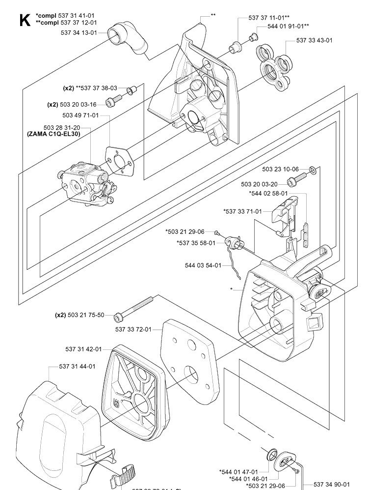 Carburetor And Air Filter Diagram and Parts List for 335R  Husqvarna Brush Cutter