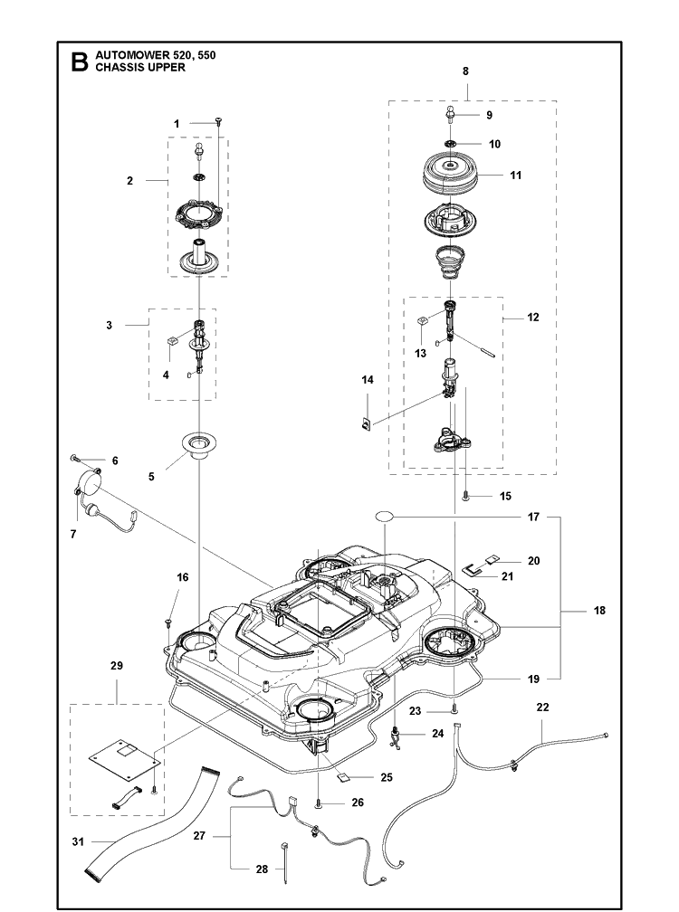 Chassis Upper Diagram and Parts List for 520 2020 Husqvarna Lawn Mower