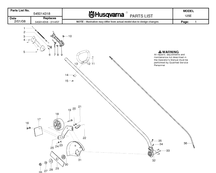 Shaft And Handle Diagram and Parts List for 125E 20082200001-Current Husqvarna Edger
