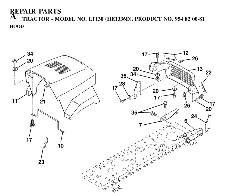 Hood Diagram and Parts List for LT130 (HE1336D)(1997-03) Husqvarna Lawn Tractor