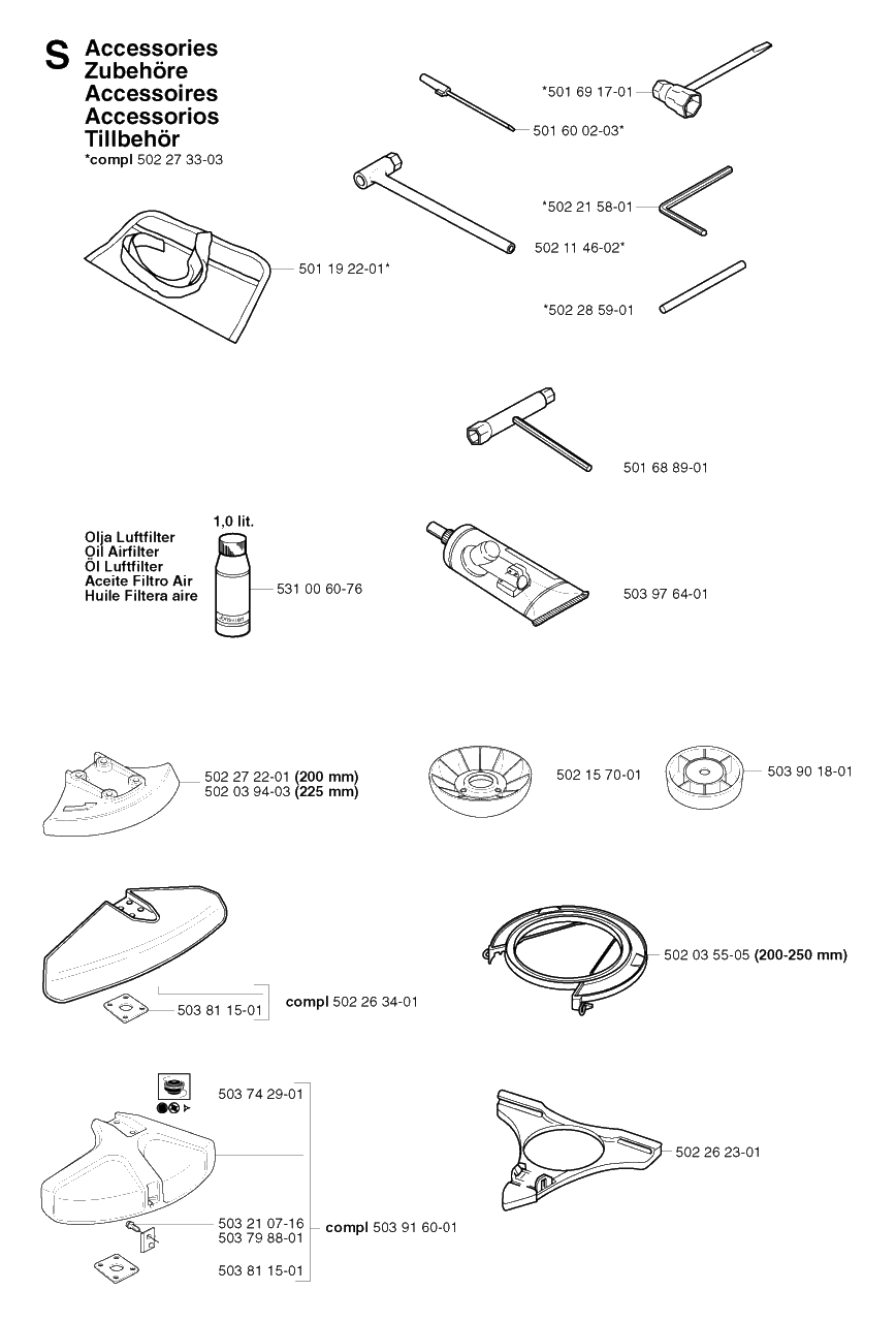 Accessories Diagram and Parts List for 245RX 20023100001 & Above Husqvarna Trimmer