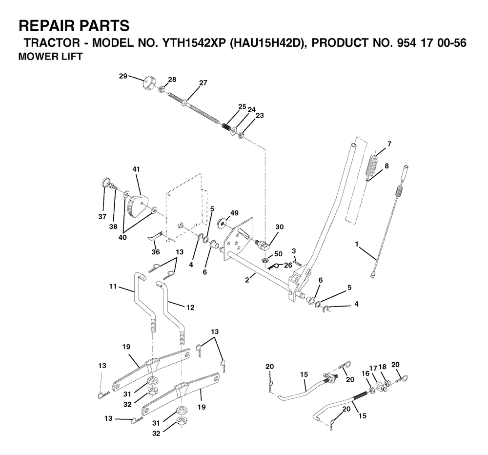 Mower Lift / Deck Lift Diagram and Parts List for YTH1542XP (954170056-D)(2003-01) Husqvarna Lawn Tractor