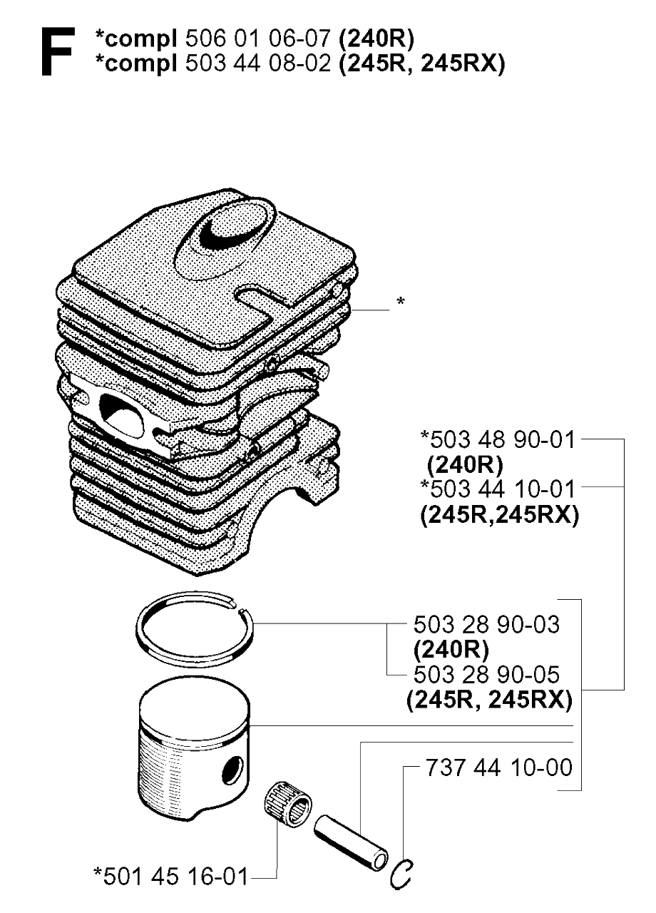 Cylinder Piston Diagram and Parts List for 240 20010100001 & Above Husqvarna Trimmer